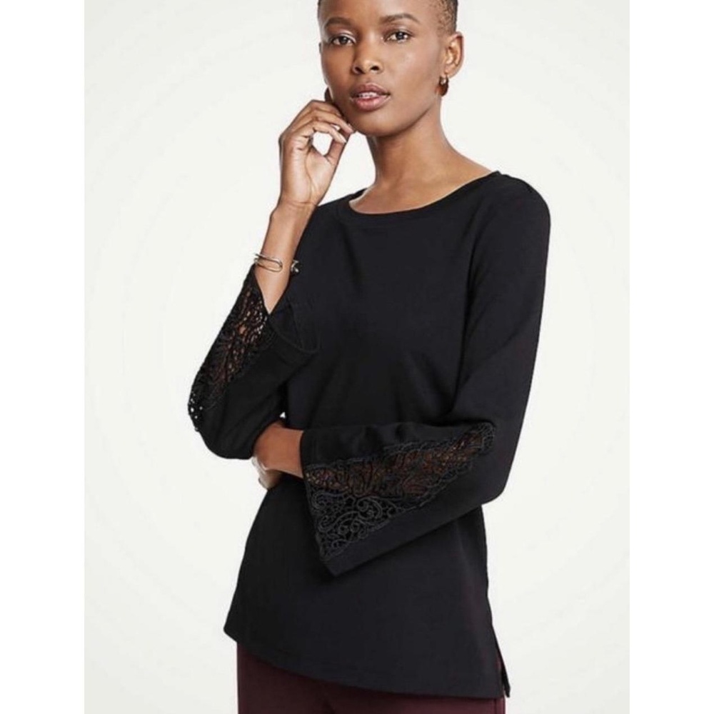 Ann Taylor Womens Blouse XXL Black Ponte Lace Sleeve Boatneck Elegant